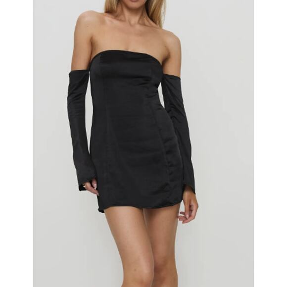 Princess Poly Amalea Off the Shoulder Long Sleeve Black Satin Mini Dress Size 8 - Picture 9 of 12